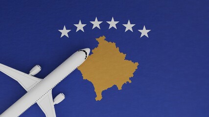 Top Down View of a Plane in the Corner on Top of the Country Flag of Kosovo