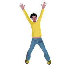 Afro-american boy jumps with his hands up vector isolated figure