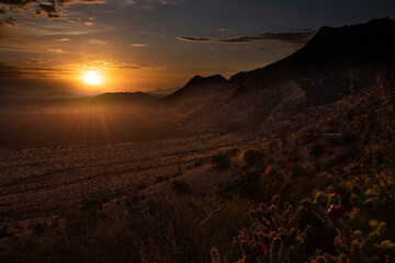 Desert sunset in Arizona with a mountain range and cactus plants. Sun beams are hitting the ground and the mountains create a silhouette.