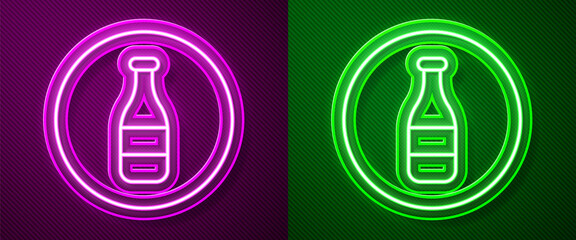 Glowing neon line Bottle icon isolated on purple and green background. Vector