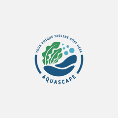 Aquascape logo design template. Aquarium and seaweed vector illustration. - obrazy, fototapety, plakaty