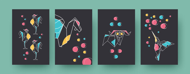 Set of contemporary art posters with roosters and ram. Paper animals, dragon, hummingbird vector pastel illustrations. Origami, hobby concept for designs, social media, postcards, invitation cards
