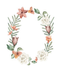 Watercolor tropical flower wreath frame