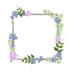 Colorful hand-drawn floral сard template with bright pink and blue summer flowers with green leaves on white background. Botanical frame.
