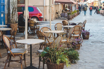 empty tables of cafe outdoors