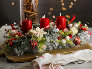 Christmas decorations with white spruce branches and Christmas balls and toys