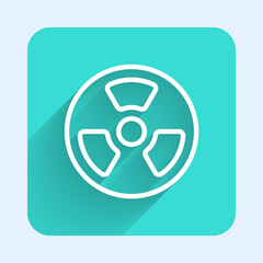 White line Radioactive icon isolated with long shadow background. Radioactive toxic symbol. Radiation Hazard sign. Green square button. Vector