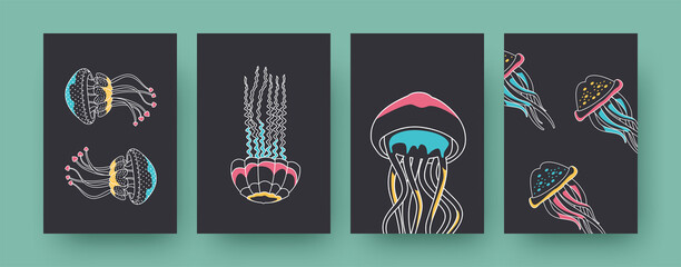 Set of contemporary posters with transparent medusas. Jellyfishes swimming up, down and sideways pastel illustrations. Aquarium, wildlife concept for designs, social media, postcards, invitation cards © SurfupVector