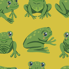 Cute frogs, hand drawn vector seamless pattern. Colored cartoon ornament with animals. Funny design for print, fabric, textile, background, wallpaper, wrapping, card, decoration.