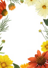 Obraz premium Hand drawn floral frame with yellow, orange and red flowers, leaves. Spring or summer flowers for invitation, wedding or greeting cards. Botanical template.