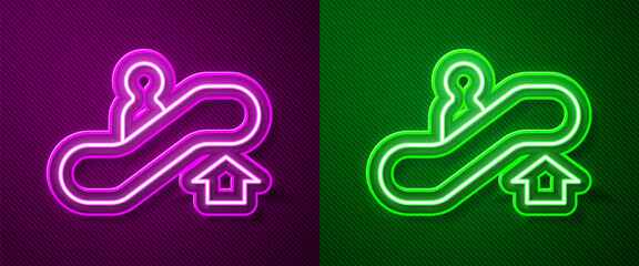 Glowing neon line Escalator up icon isolated on purple and green background. Vector