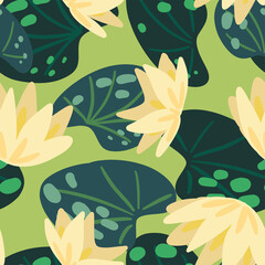 Fototapeta na wymiar Water lily, leaves, swamp plants. Abstract vector seamless pattern. Colored cartoon botanical ornament. Fresh modern design for print, fabric, textile, background, wallpaper, wrap, card, decoration.