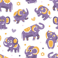 Cute Elephant Character with Trunk and Tusks on Vector Seamless Pattern