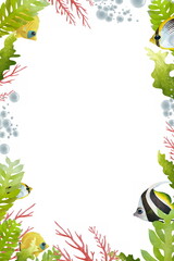 Sea life frame made of yellow fish, seaweed and corals on white. Template for postcards, invitations, decor. Bright summer border. © TaninoPic