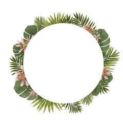 Tropical palm leaves with pink flowers background. Hand drawn empty border template, summer botanical wreath.