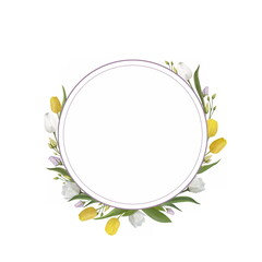 Romantic hand-drawn floral сard template with cute yellow, white tulips and green leaves on white background. Wreath for decoration of wedding invitations, cards, packaging