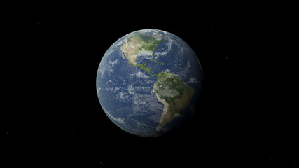 The Earth — Realistic 3D rendering illustration of planet North America and South America surface continents with oceans and clouds atmosphere with stars in outer space.