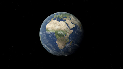 The Earth — Realistic 3D rendering illustration of planet Africa and Europe and Middle East surface continents with oceans and clouds atmosphere with stars in outer space.