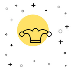 Black line Jester hat with bells isolated on white background. Clown icon. Amusement park funnyman sign. Random dynamic shapes. Vector