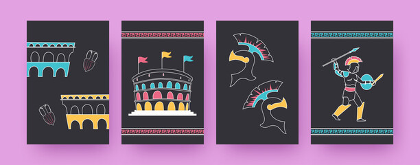 Set of contemporary art posters with Coliseum gladiator. Roman arena, Spartan helmet vector illustrations, black background. Ancient Rome concept for designs, social media, postcards