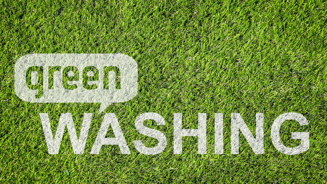 mot anglais "green washing" (camouflage ecologique) sur fausse pelouse 