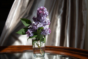 Lilac branch in a glass, fragrant spring bouquet