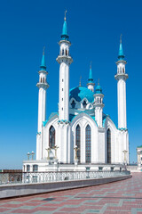 Fototapeta na wymiar Kazan, Russia - May 19, 2021. View of the main cathedral juma mosque of Tatarstan and the city of Kazan Kul Sharif in the Kazan Kremlin. Selective focus.