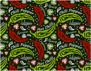 Sketch hand drawn pattern of red and green chili peppers isolated on green background. Outline drawing chilli wallpaper, spicy, hot mexican food, text, jalapeno, cayenne, serrano. Vector illustration.