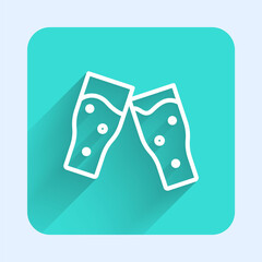 White line Glass of beer icon isolated with long shadow background. Green square button. Vector