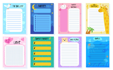 Cute baby planners vector illustration set. To do list for week, birthday invitation, calendar, sheet for memos with pretty animals for organized diary. Template, printable, pattern concept - obrazy, fototapety, plakaty