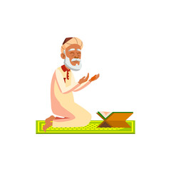 muslim old man praying koran in mosque cartoon vector. muslim old man praying koran in mosque character. isolated flat cartoon illustration