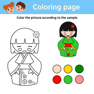 Game for preschool kids. Color by sample  japanese kokeshi doll. Printable worksheet. Vector Illustration