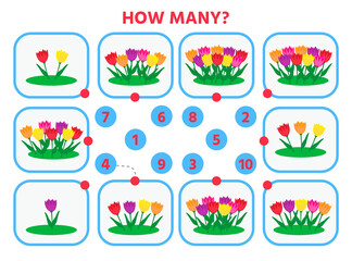 Math education for children. Count from 1 to 10. Flowers in the flowerbed. Education logic game for preschool kids. Vector Illustration