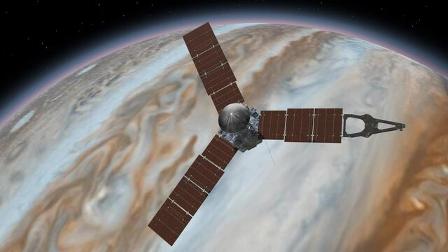Juno is a NASA space probe orbiting the planet Jupiter. Jupiter Planet Rotating in the outer space. Traveling to planet Jupiter in space. Elements of this video furnished by NASA.