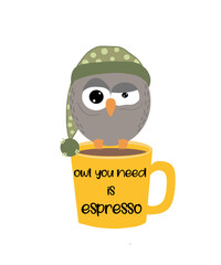 owl with a cup of coffee