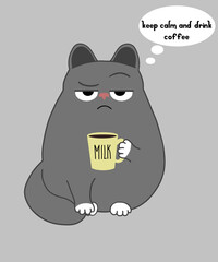 cartoon gray cat drinking coffee from yellow cup funny displeased emotion