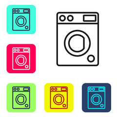 Black line Washer icon isolated on white background. Washing machine icon. Clothes washer - laundry machine. Home appliance symbol. Set icons in color square buttons. Vector