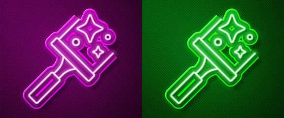 Glowing neon line Cleaning service with of rubber cleaner for windows icon isolated on purple and green background. Squeegee, scraper, wiper. Vector