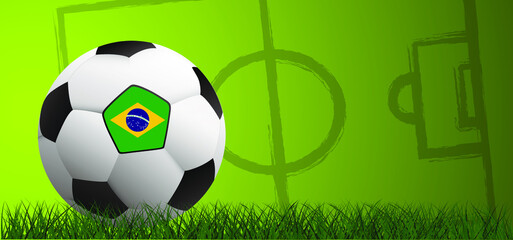 Obraz premium Football with the flag of Brazil, Brazilian, on green soccer grass field. Vector background banner. Sport finale or school, sports game cup. Summer, spring time, Street ball games. 2021