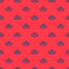 Blue line Police cap with cockade icon isolated seamless pattern on red background. Police hat sign. Vector