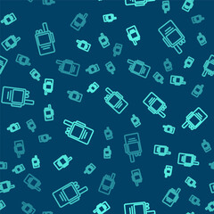 Green line Walkie talkie icon isolated seamless pattern on blue background. Portable radio transmitter icon. Radio transceiver sign. Vector