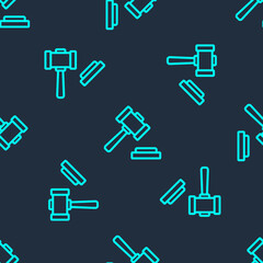 Green line Judge gavel icon isolated seamless pattern on blue background. Gavel for adjudication of sentences and bills, court, justice. Auction hammer. Vector