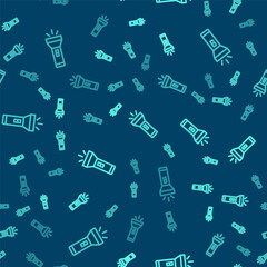 Green line Flashlight icon isolated seamless pattern on blue background. Vector