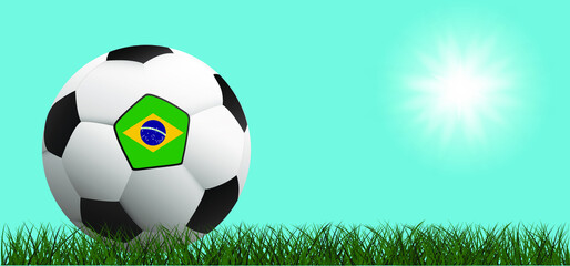 Football with the flag of Brazil, Brazilian on green soccer grass field. Vector background banner. Sport finale or school, sports game cup. Summer, spring time, Street ball games.