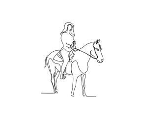 Continuous line art drawing of woman riding horse. Minimalist black jockey outline design. editable active stroke vector.