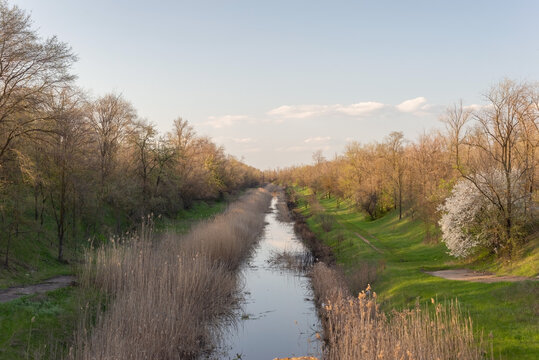 summer landscape of a narrow river, with trees and grass, rural landscape, against the backdrop of clouds