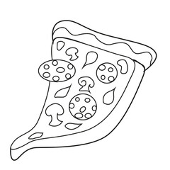 Contour Slice  of pizza. Black outline on a white background. Coloring.
