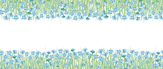 Watercolor hand painted nature floral field banner frame with blue linen flax flowers on green branch bouquet on the white background for invite and greeting card with space for text