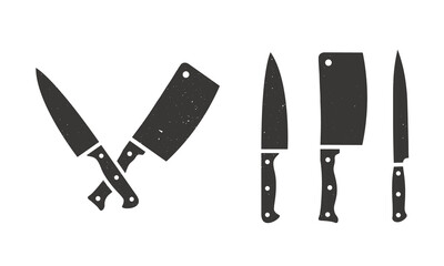 Set of 3 Butcher knives. Meat Cleaver, chef knife icons. Set of Meat knives icons for restaurants, kitchens, butchery. Vector illustration  