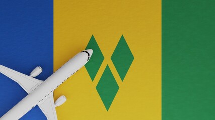 Top Down View of a Plane in the Corner on Top of the Country Flag of Saint Vincent and the...
